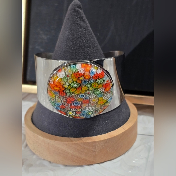 Millefiori Glass Bold Chunky Wide Bangle Cuff Stainless Steel Bracelet - Picture 7 of 13